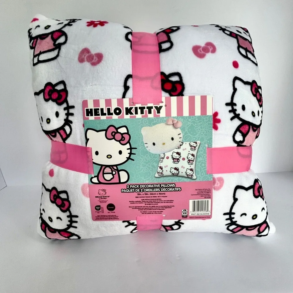 Hello Kitty Bed Pillows 2 Pack Plush Soft Furry Pillows Pink‎ White Large 18x18
